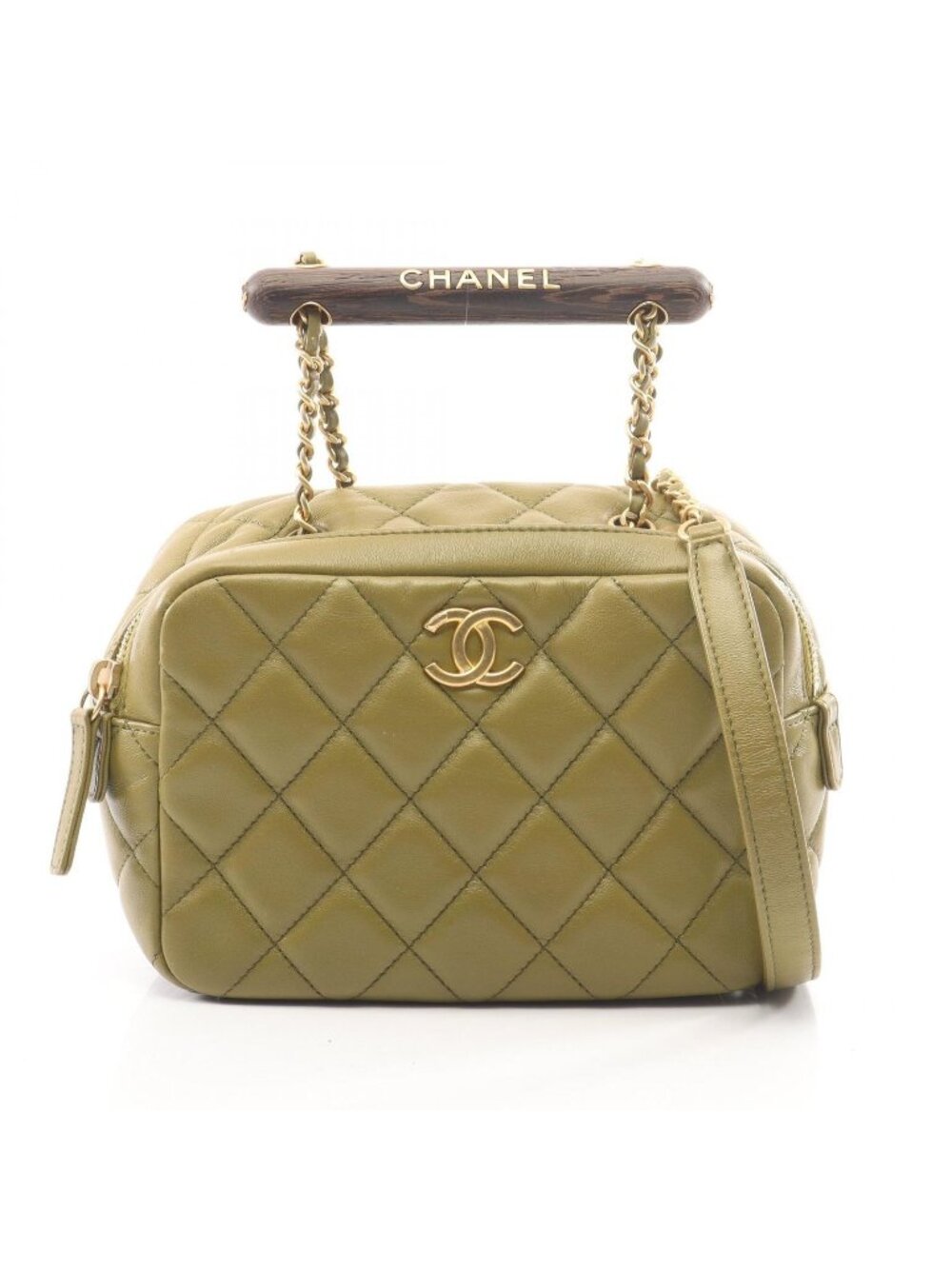 Chanel Shoulder Bag Quilted Mini Bow 2-Way Khaki Lambskin Wood Handle